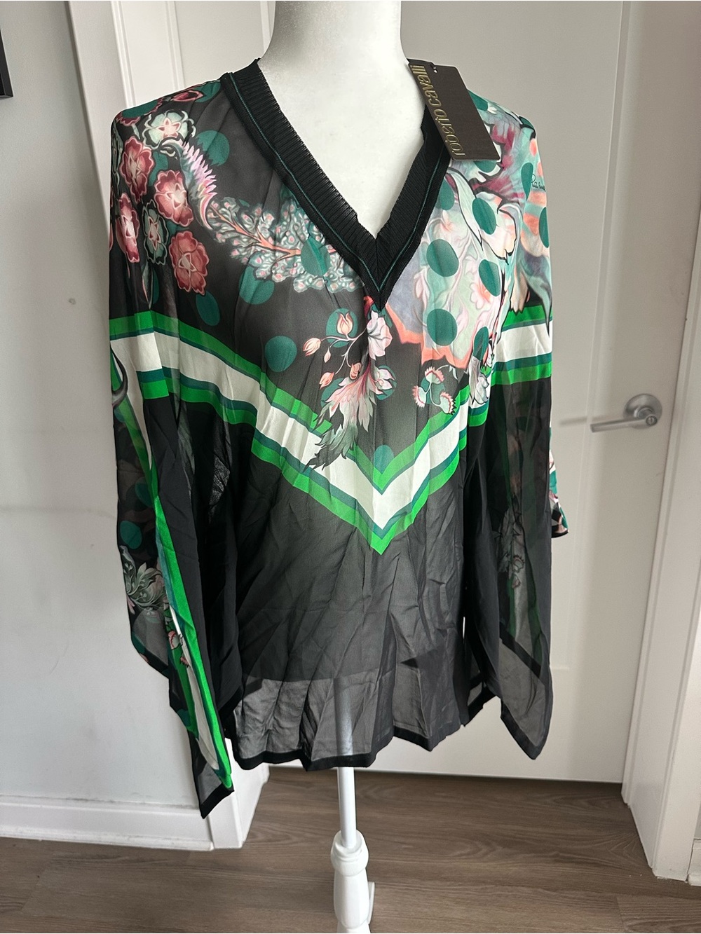 Roberto Cavalli top blouse M butterfly wing sleeve V-Neck Floral Sheer Top